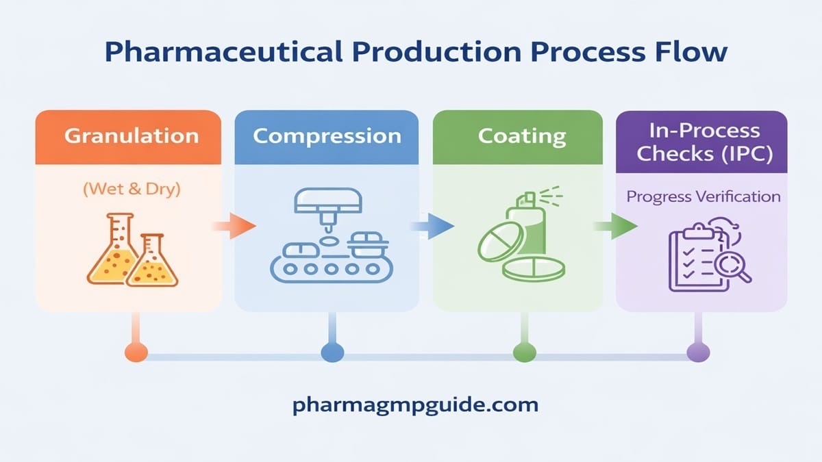 Pharmaceutical production process flow chart showing granulation compression coating and in-process checks IPC in drug manufacturing