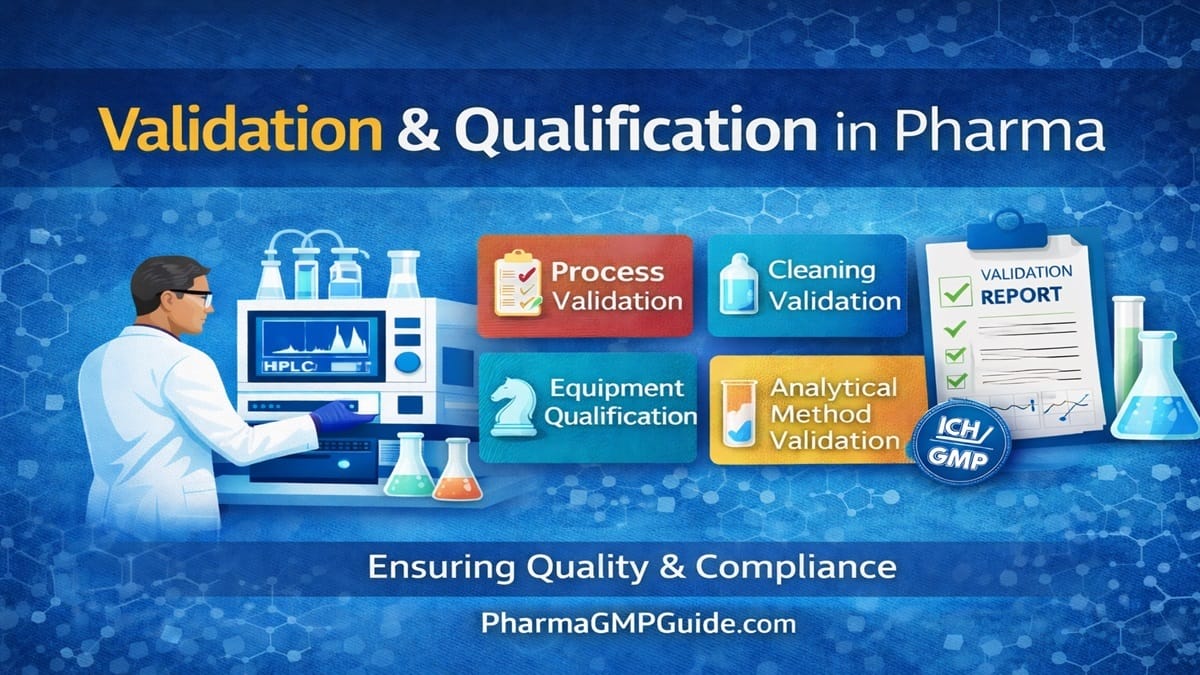 validation and qualification in pharma including process validation cleaning validation equipment qualification analytical method validation ich gmp